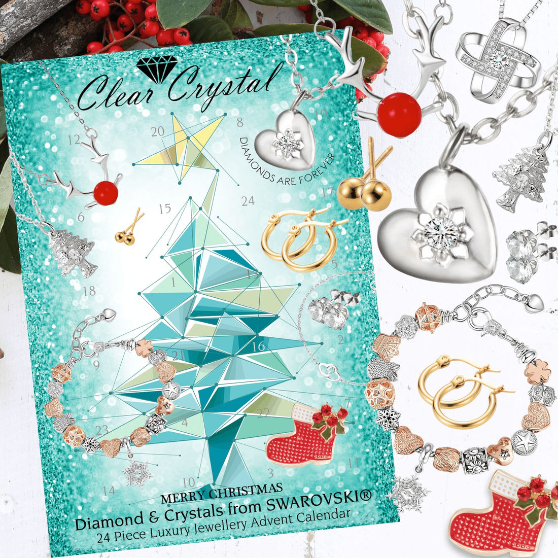 Moissanite & Austrian Crystal Jewellery Advent Calendar + FREE SNOWFLAKE NECKLACE